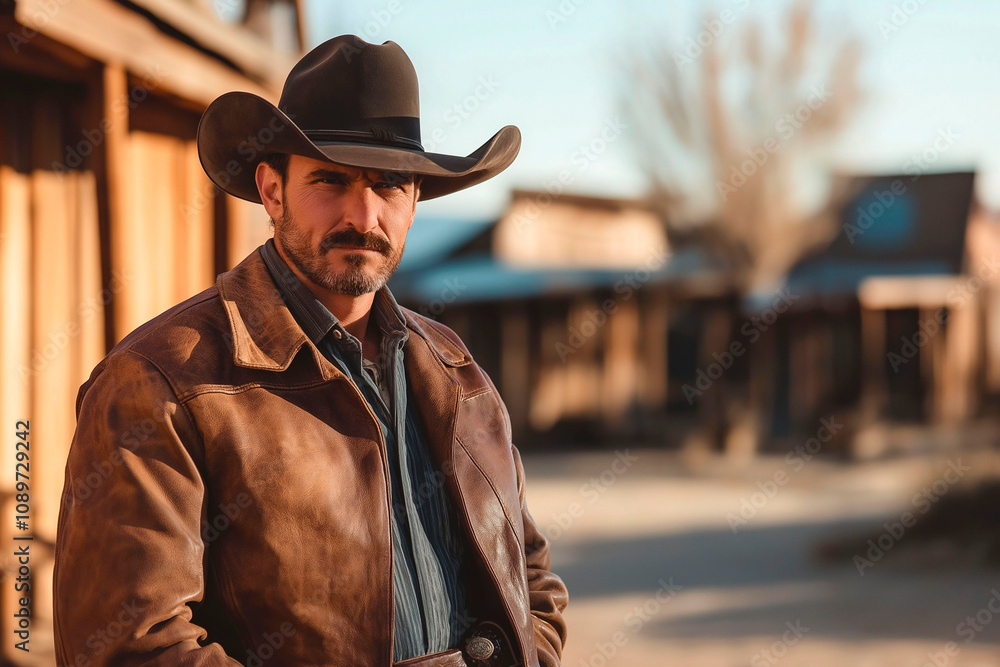 Serious cowboy in a leather jacket and hat standing in a rustic western town under warm sunlight Serious cowboy in a leather jacket and hat standing in a rustic western town under warm sunlight