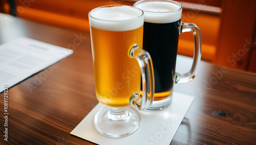 two mugs of beer on a wooden table photo