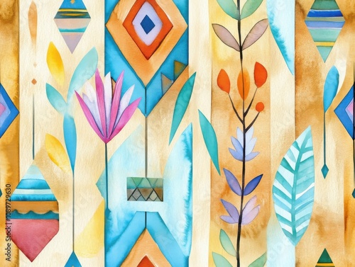 Boho seamless pattern earthy concept. A vibrant watercolor pattern featuring geometric shapes and botanical elements in bright colors on a textured background.