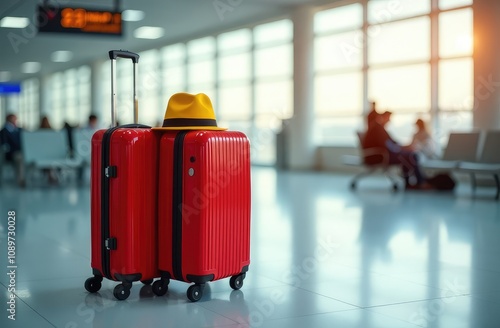 Colorful suitcases and hat placed on trolley in modern airport terminal before flight during trip photo