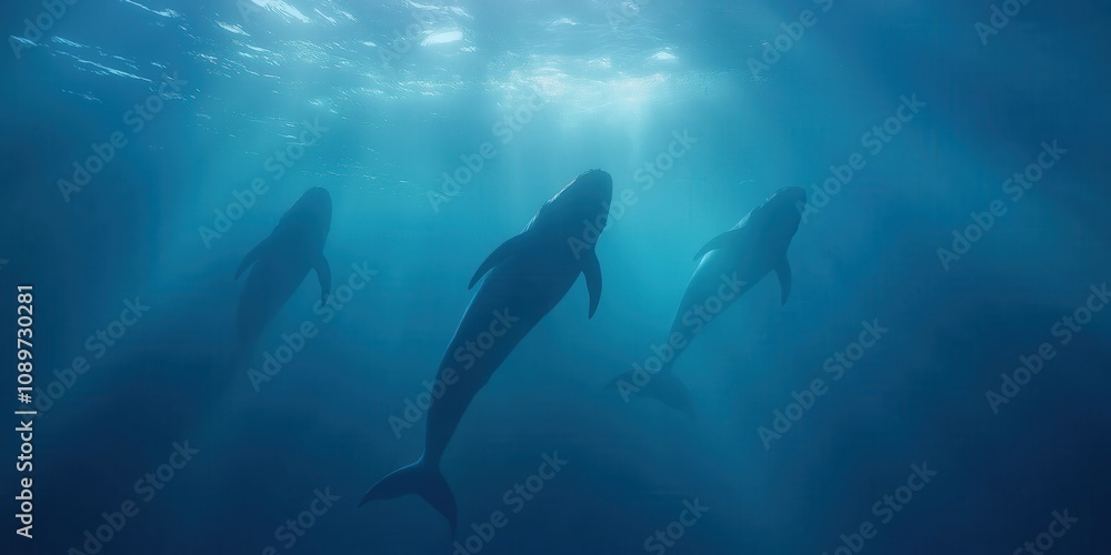Fototapeta premium A wide shot of a group of adult sperm whales sleeping and floating vertically, heads pointed upwards, in the deep ocean