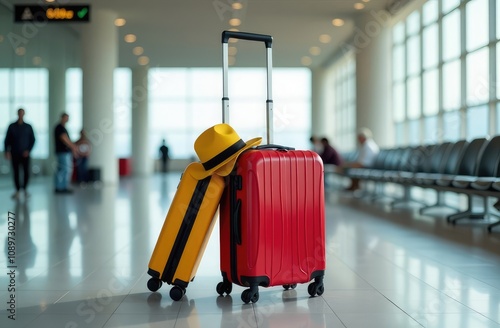 Colorful suitcases and hat placed on trolley in modern airport terminal before flight during trip photo