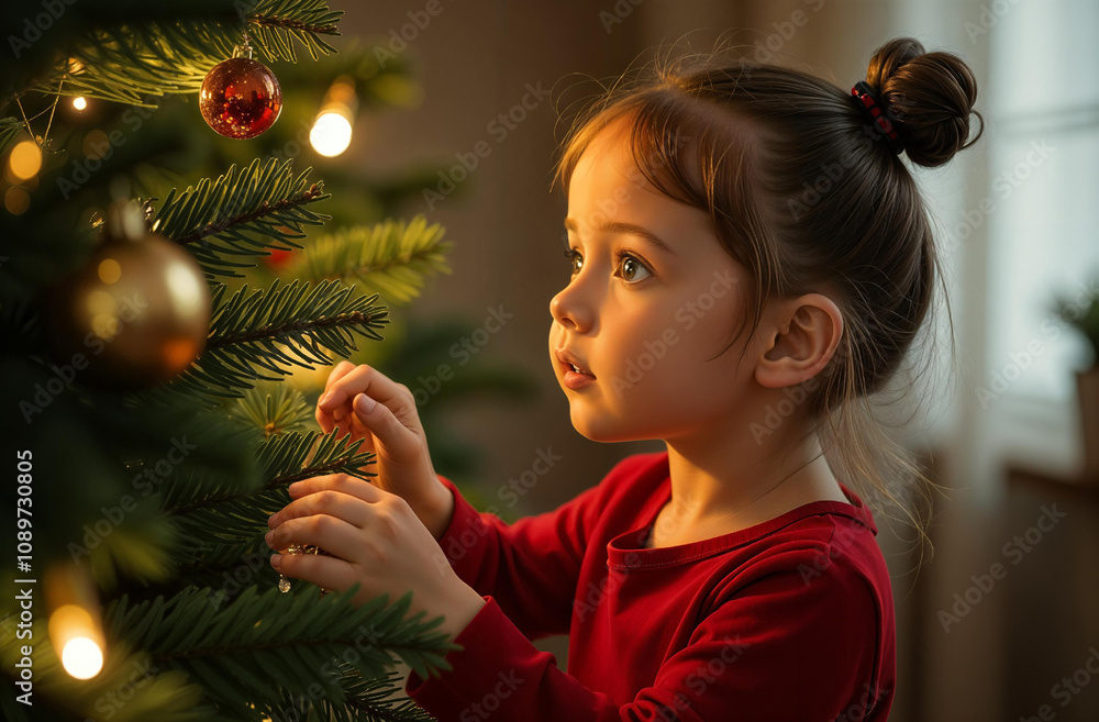Little girl adorning christmas tree with joyful anticipation Little girl adorning christmas tree with joyful anticipation