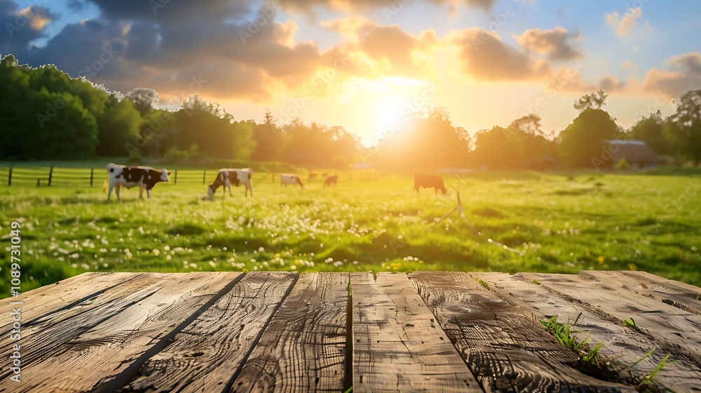 Obraz premium A serene landscape featuring a wooden surface in the foreground, with cows grazing in a lush green field at sunset.