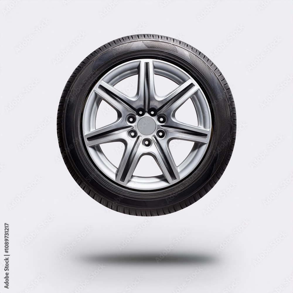 Obraz premium Roda de automóvel, carro, com aro prateado, isolado em fundo branco flutuando no ar.