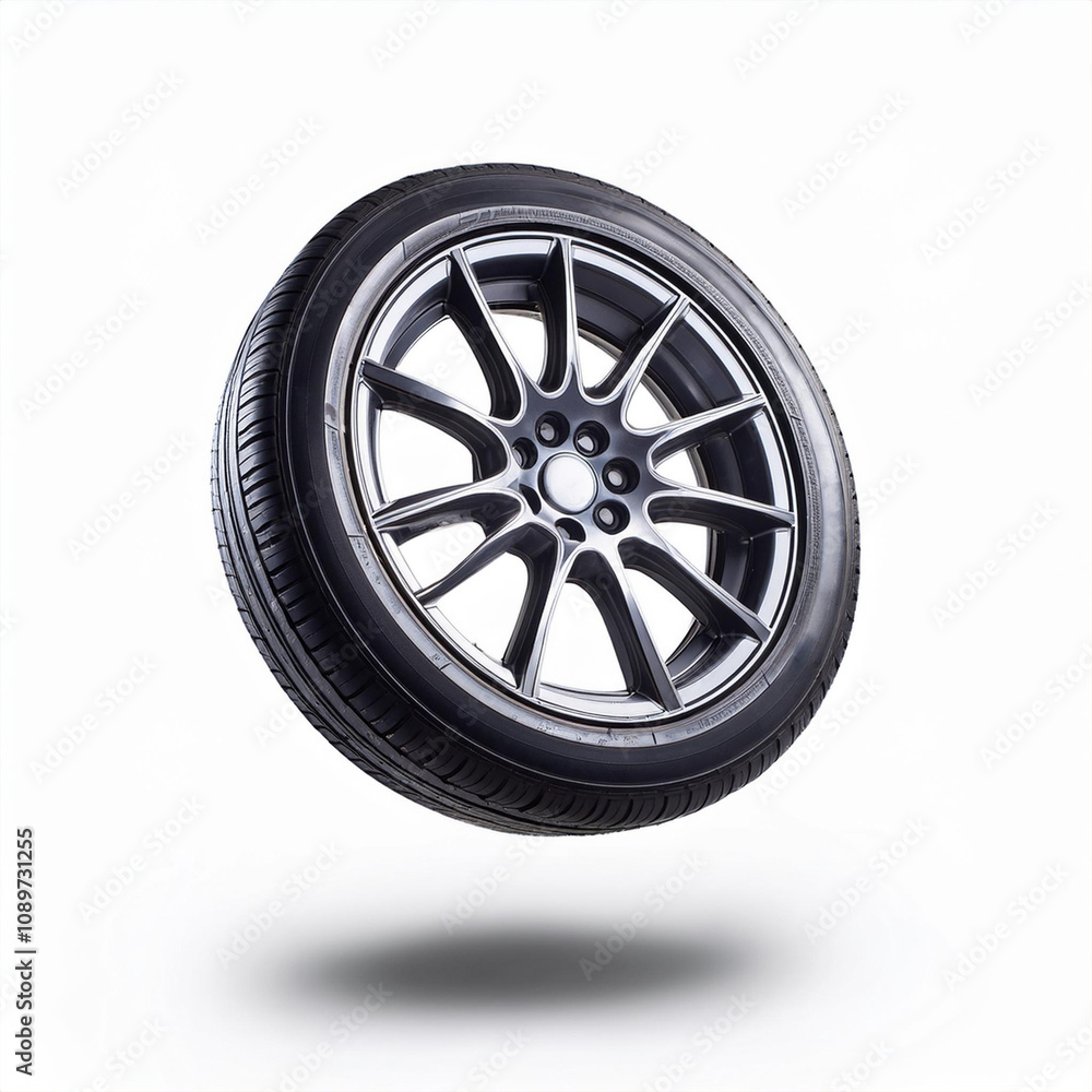 Obraz premium Roda de automóvel, carro, com aro prateado, isolado em fundo branco flutuando no ar. 