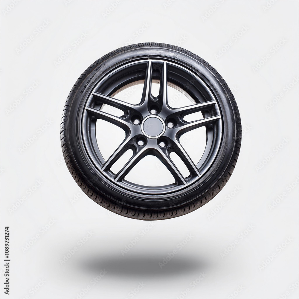 Obraz premium Roda de automóvel, carro, com aro prateado, isolado em fundo branco flutuando no ar. 