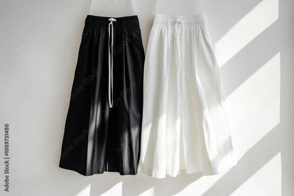 Black and white culottes with adjustable drawstrings displayed hanging side by side in soft natural light Black and white culottes with adjustable drawstrings displayed hanging side by side in soft natural light