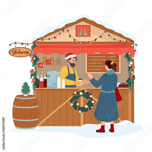Woman buying mulled wine at Christmas stall market. Traditional festival winter fair marketplace with friendly smiling man seller Wooden booth shop with hot drinks. Cartoon flat vector illustration