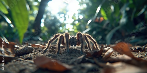 A Tarantula crawling on a jungle floor covered in fallen leaves and dirt photo