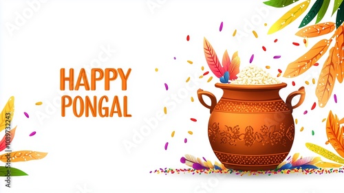 Wallpaper Mural Happy Pongal Festival background with colorful sweet rice, millet, and corn leaves in a clay pot illustration. Text "HAPPY PONGAL" on white background. anime-style illustration, colorful and vibrant c Torontodigital.ca
