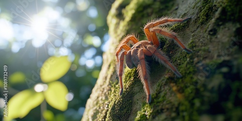 A jungle Tarantula climbing up a moss-covered tree trunk photo