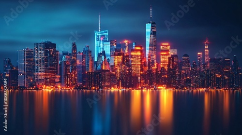 A vibrant city skyline at night, featuring illuminated skyscrapers reflecting on water, showcasing modern architecture and a lively urban atmosphere.