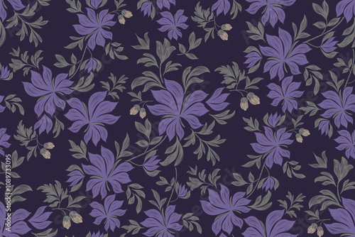 Vintage Floral Pattern seamless embroidery texture paisley with floral magnolia motifs. Ethnic pattern oriental traditional Aztec style. Vector illustration brush texture design on dark background