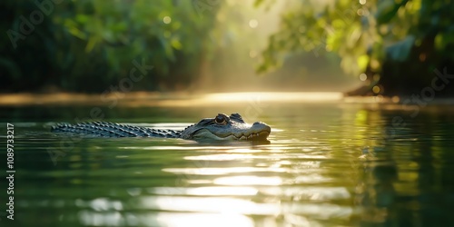 A wide shot of a jungle pond with a Caiman partially submerged, only its eyes and snout visible above the water photo