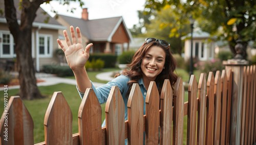 Smiling woman waving over a wooden fence in a friendly neighborhood photo