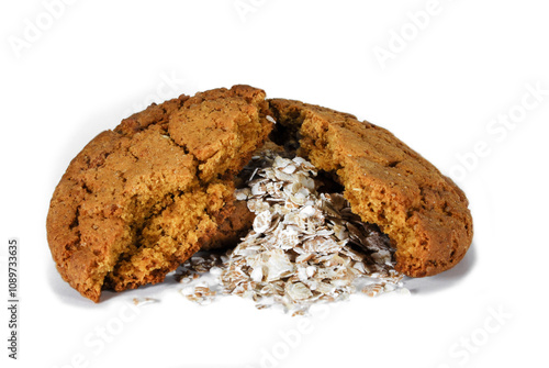 halved oatmeal cookie with scattered oatmeal on a white surface