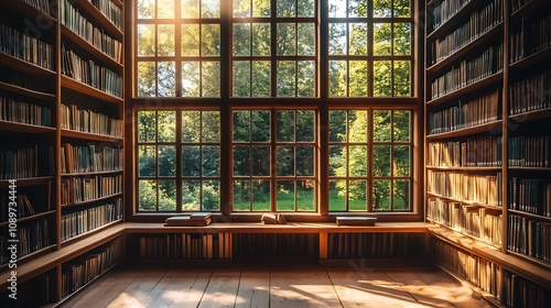 Sunlit library with large window overlooking lush greenery; bookshelves filled with antique books.