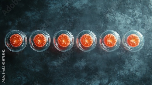 Six translucent petri dishes containing identical red, segmented specimens arranged in a row on a dark surface.