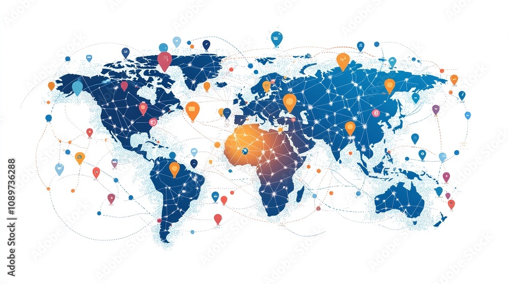 Fototapeta premium Global Communication Network: Connecting Business Nodes and Human Resources for Worldwide Collaboration