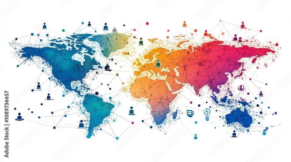 Obraz premium Global Communication Network: Connecting Business Nodes and Human Resources for Worldwide Collaboration