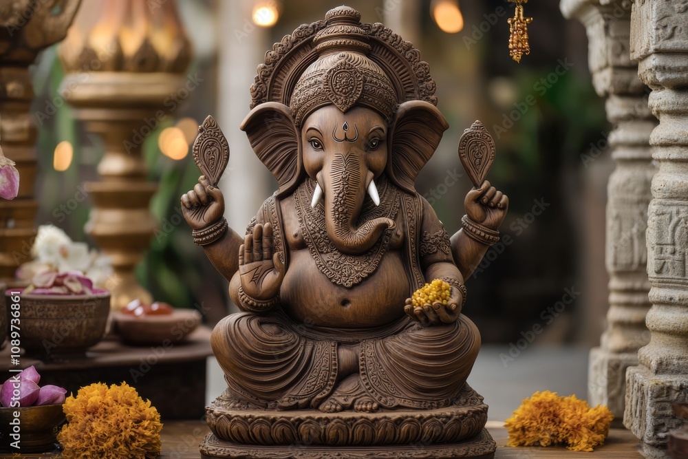 Fototapeta premium Intricately carved wooden statue of Lord Ganesha surrounded by flowers and traditional temple decor, symbolizing spirituality and devotion.