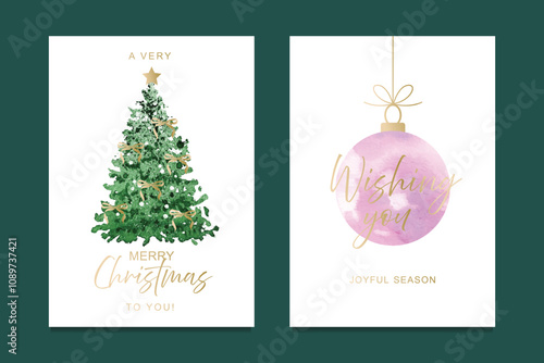 Holiday greeting cards with watercolor Christmas tree and pink ornament with gold details on white backgrounds. Festive design for Merry Christmas and holiday wishes. Vector illustration
