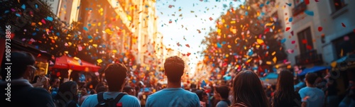 People are walking down a crowded street with confetti falling from the sky photo