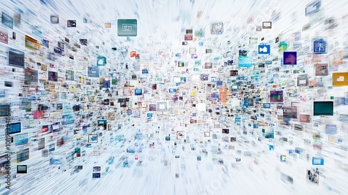 Abstract digital data stream; countless icons and images zoom towards viewer, depicting vast digital information flow.