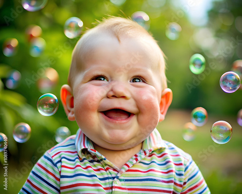 A cheerful baby boy in a striped shirt, surrounded by colorful bubbles, laughing joyfully in a sunny outdoor setting. photo