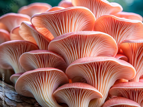 A cluster of pink oyster mushrooms with delicate gills, symbolizing natural beauty, growth, and organic culinary ingredients.