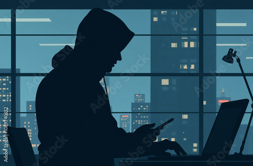 A man in a black hoodie sits at a computer, holds a phone in his hands and dials a number against the backdrop of a city. The concept of fighting phone scammers, hackers. Low key, dramatic light.