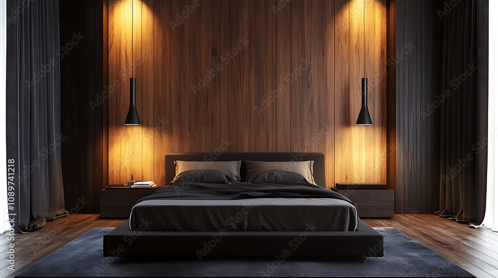 Fototapeta premium Beautiful Colored Mockup Bedroom Interior Blank Poster Decoration Art Background Image, generative AI