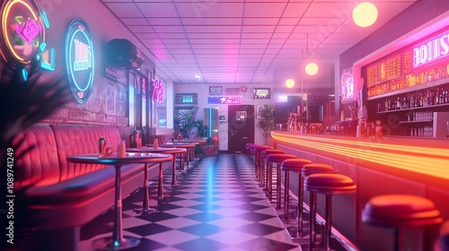 A vibrant, retro-style bar interior featuring neon lights, checkered flooring, and a long counter with stools, creating a lively atmosphere.