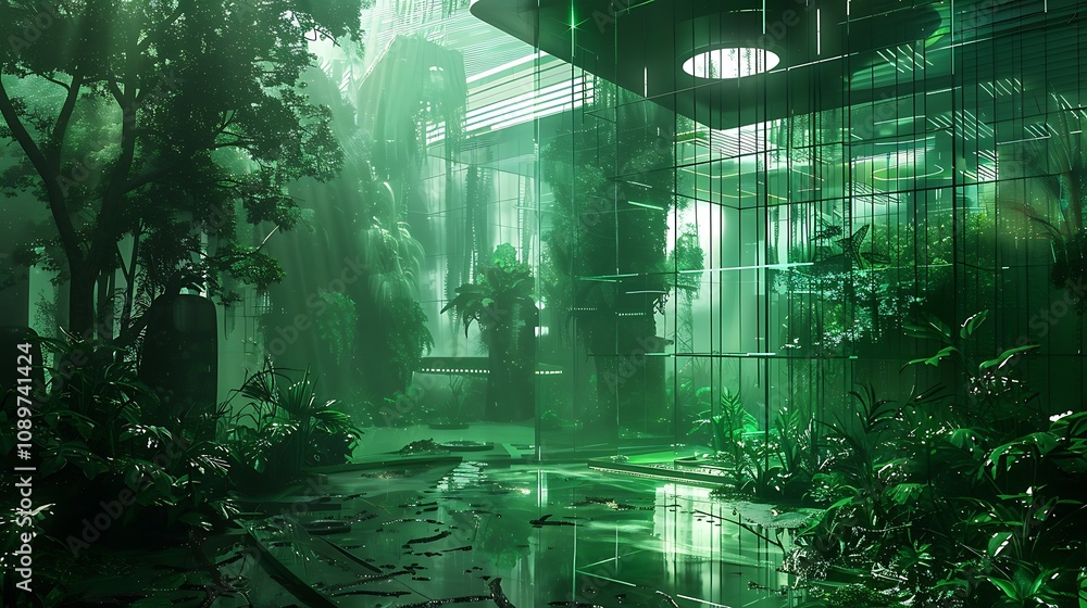 Obraz premium A futuristic, overgrown structure blending nature and technology, showcasing lush greenery and reflective surfaces.