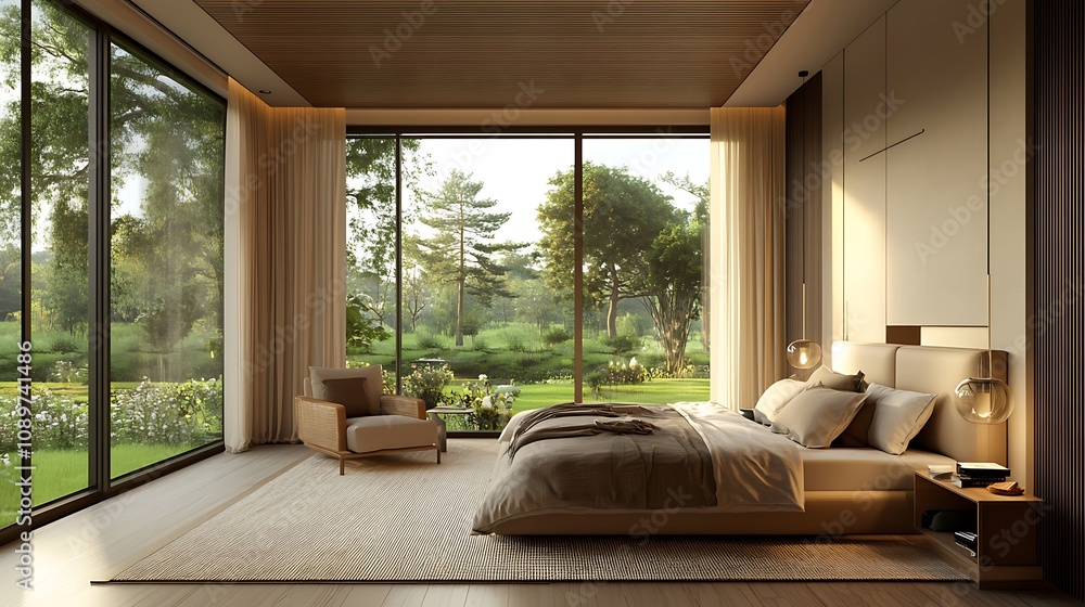 Fototapeta premium Beautiful Colored Mockup Bedroom Interior Blank Poster Decoration Art Background Image, generative AI