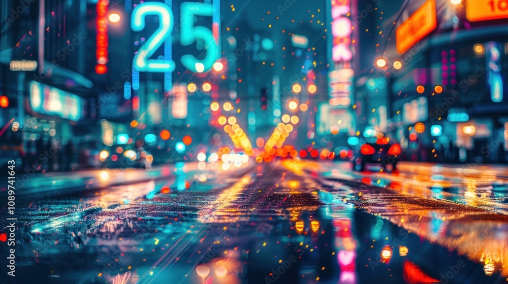 A night scene of a city street with blurry lights and reflections in the wet pavement. A night scene of a city street with blurry lights and reflections in the wet pavement.