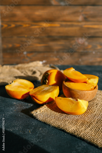 Rustic composition with fresh persimmons in a wooden bowl and on a dark textured background, accented by burlap. Ideal for seasonal, culinary, and rustic lifestyle themes photo