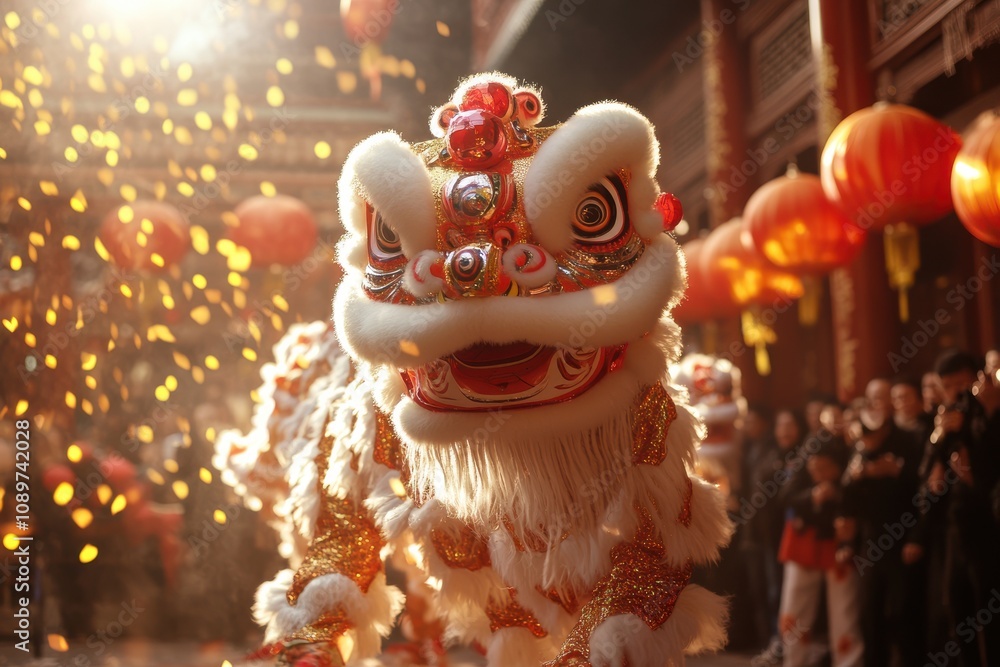 Fototapeta premium A lion dance performance in front of a decorated temple, energetic crowd and festive atmosphere, cinematic action