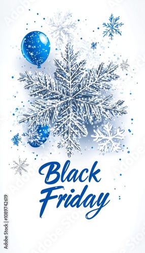 Black Friday Sale Banner with Silver Snowflake, Blue Balloons, and Confetti on White Background