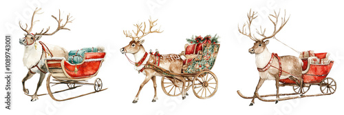 Christmas Reindeer Sleighs Winter Holiday Festive Decoration Watercolor Illustration