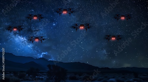  a swarm of drones flying in formation against a backdrop of a starry night sky and a mountainous landscape. photo