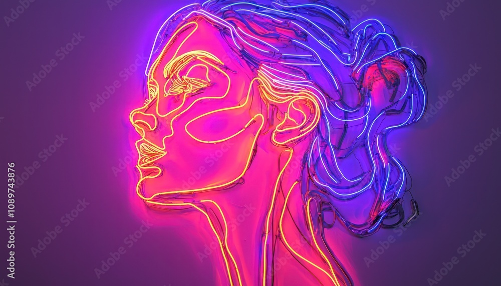 Neon Light Portrait: Abstract Profile of a Woman Neon Light Portrait: Abstract Profile of a Woman