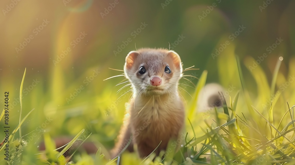 A small, curious weasel stands amidst lush green grass, illuminated by soft sunlight. A small, curious weasel stands amidst lush green grass, illuminated by soft sunlight.