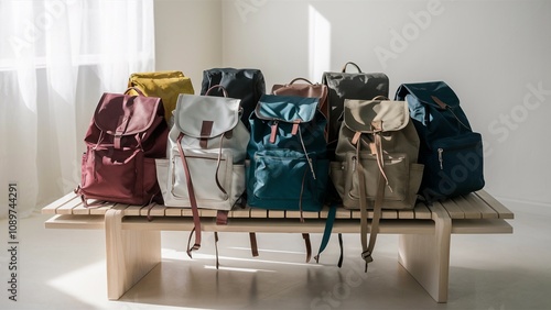 Stylish Backpacks on a Minimalist Wooden Bench with Natural Light photo