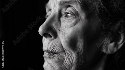 black and white portrait of a senior Caucasian woman with pensive expression, Alzheimer's awareness, copy space