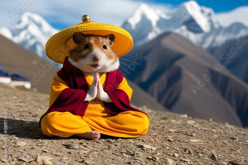 fluffy hamster in orange clothing sitting on a hill under sakura blossoms with mountains in the background photo