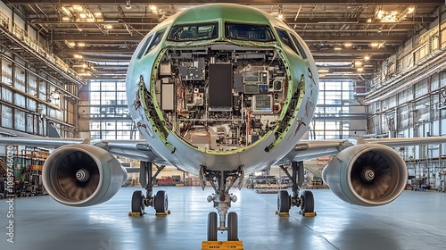 Airplane nose section undergoing maintenance in hangar, revealing complex avionics and internal structure.