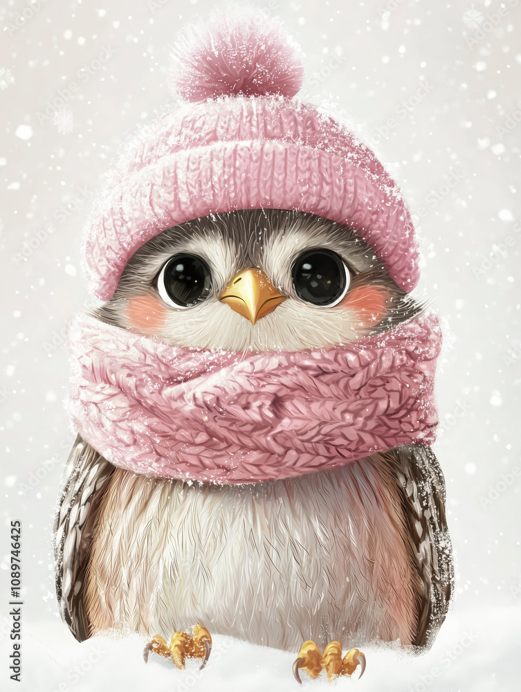 A cute little Hawk in the snow, wearing a pink oversized knitted hat with a big fluffy pom-pom on top and wrapped up in a pink scarf A cute little Hawk in the snow, wearing a pink oversized knitted hat with a big fluffy pom-pom on top and wrapped up in a pink scarf