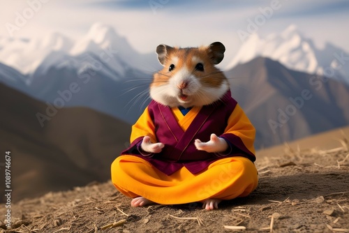 cute hamster meditating in a samkhati sitting under sakura with a mountain view in the background for animal themed designs photo